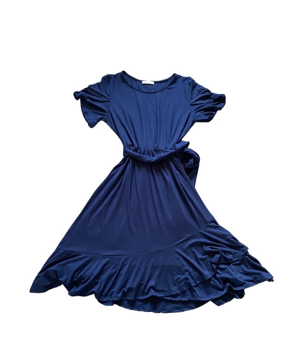 REB in J Navy Blue Ruffle Hem Flutter Sleeve Tie Waist Short Sleeved Midi Dress